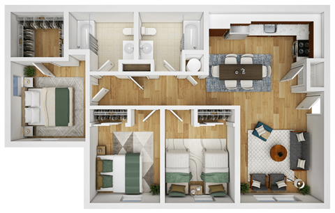 Floor plan for 3 beds, 2 baths, 942 sqft